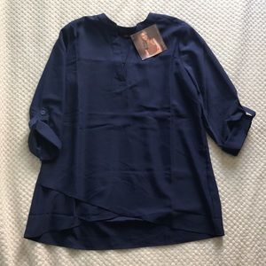 IMAN Global Chic dark blue Chiffon layered asymmetrical flows shirt Size Small